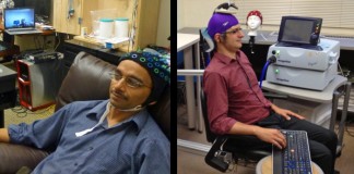 뇌파 모자를 쓴 멀리 떨어진 두 사람이, 뇌파로 스무고개 질문을 할 수 있는 두뇌-두뇌 인터페이스(BBI) 기술 개발